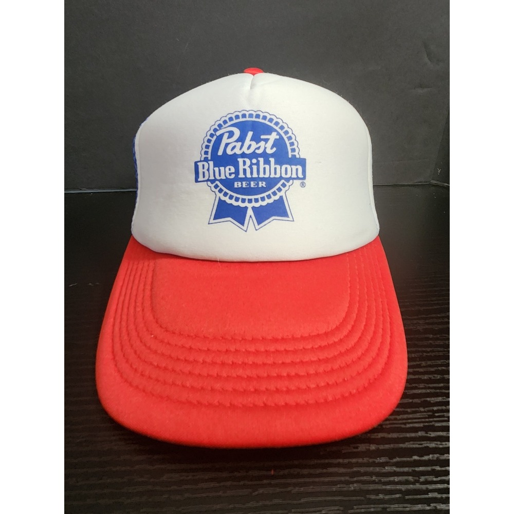 Pabst Blue Ribbon Beer Foam Trucker Hat White‎ Red Blue Mesh Adjustable Retro